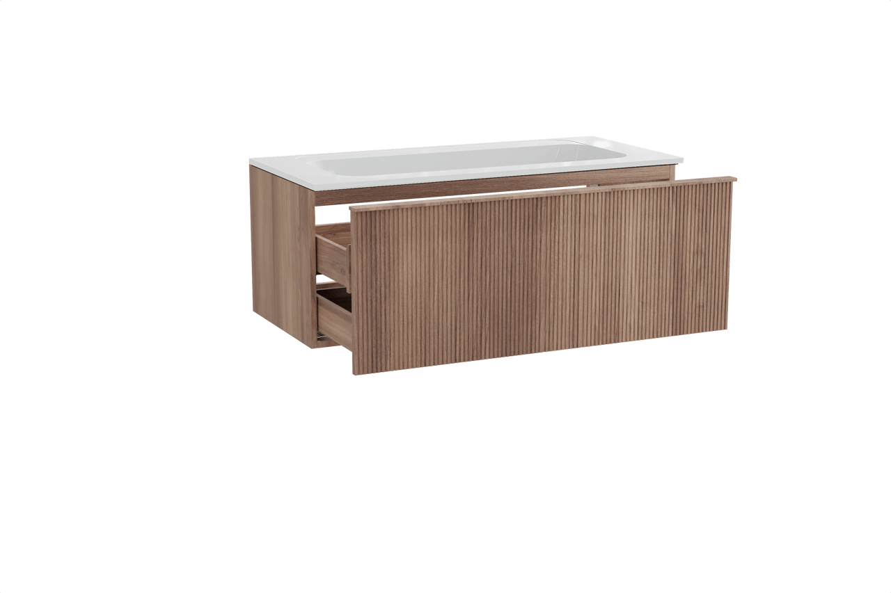 Balmani Forma hängendes Möbelstück Set: 120 x 55 cm, Teak, mit Tablo Strada Einzelwaschtisch, Marmorkomposit, Weiß glänzend, Vertikale symmetrische gerade Rippe