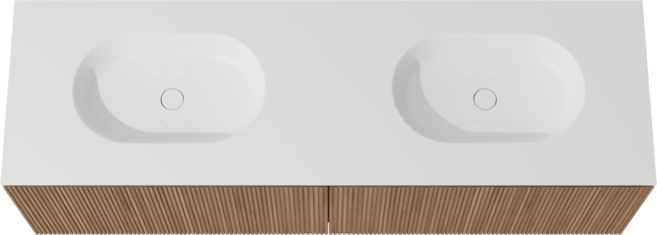 Balmani Eclips zwevend badmeubel 180 x 55 cm Teakhout met Tablo Oval dubbele wastafel in Solid Surface mat wit, Verticale symmetrische rechte ribbel