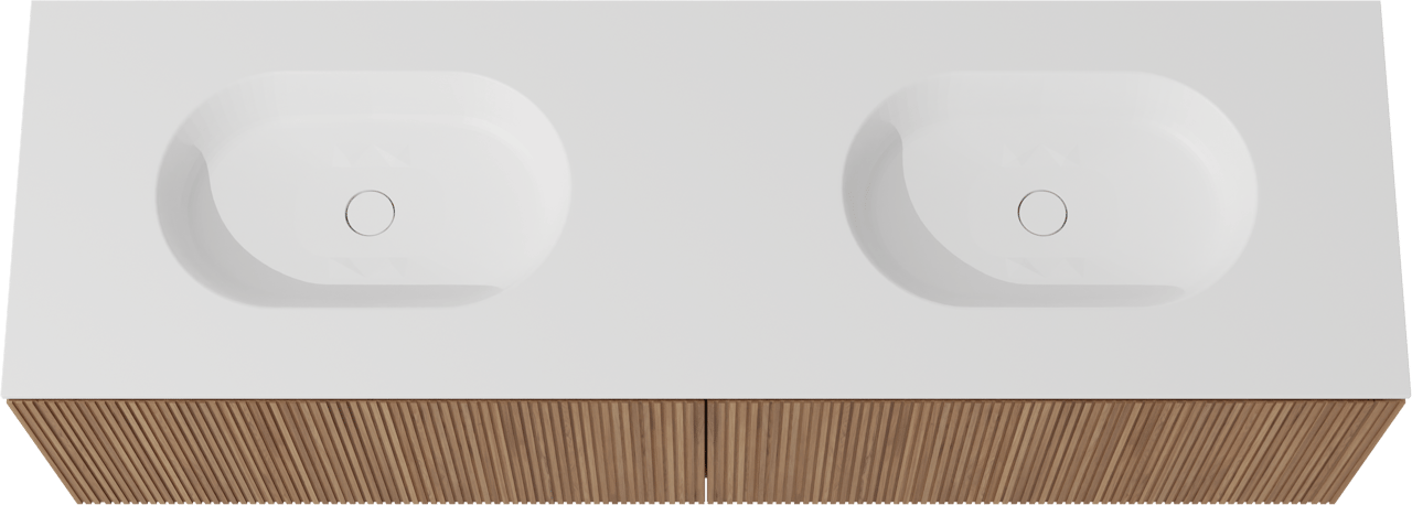 Balmani Eclips hängendes Möbelstück Set: 180 x 55 cm, Teak, mit Tablo Oval Doppelwaschtisch Solid Surface Weiβ matt, Vertikale symmetrische gerade Rippe