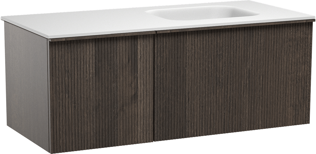 Balmani Forma hängendes Möbelstück Set: 120 x 55 cm, Geräucherte Eiche, mit Tablo Arcato Waschtisch rechts, Solid Surface, Weiß matt, Vertikale symmetrische gerade Rippe