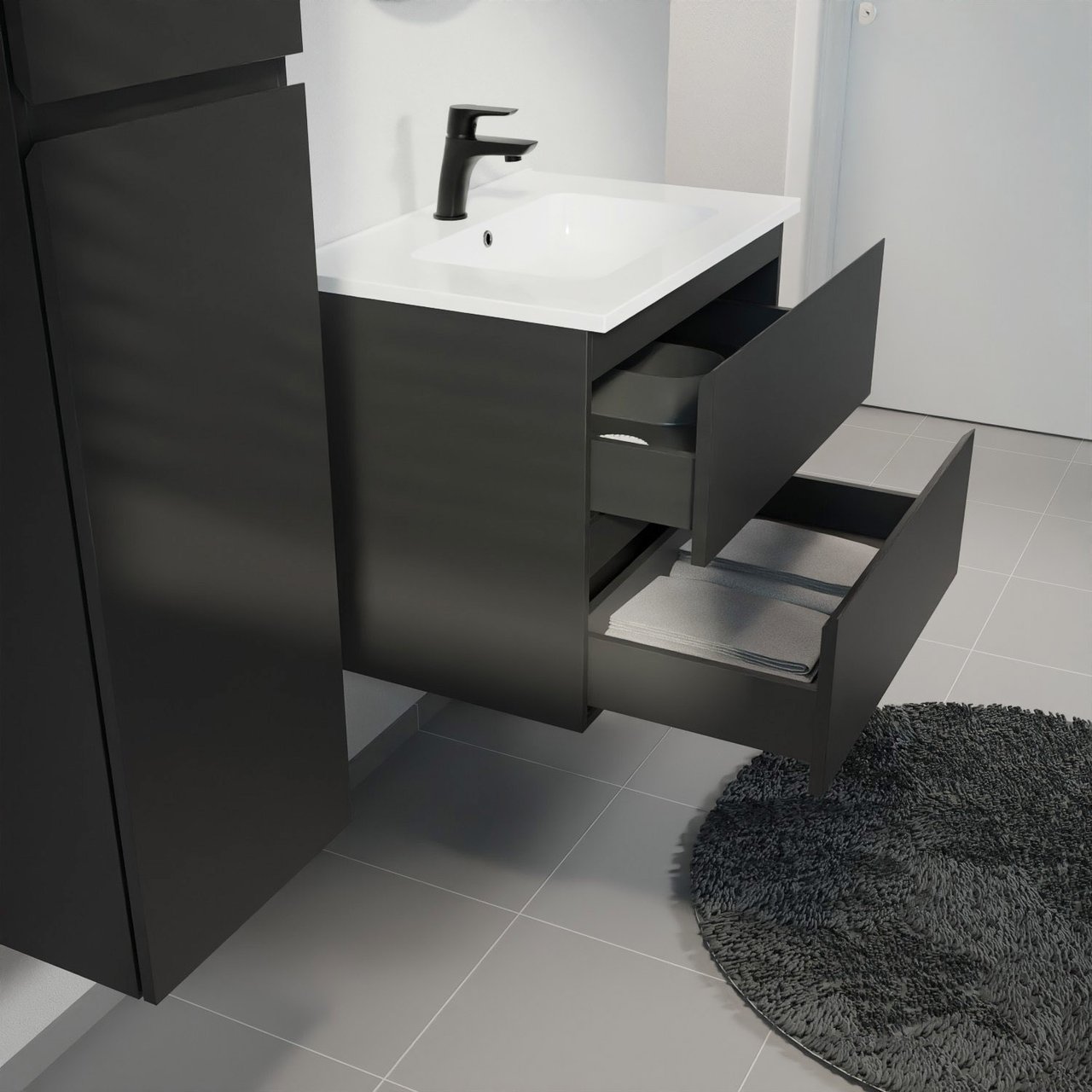 Linie Lado zwevend badkamermeubel 70 x 46 cm mat zwart met Vano enkele wastafel in composietmarmer glanzend wit