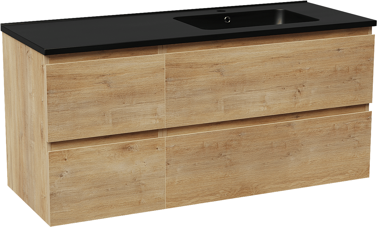 Linie Lado meuble salle de bains suspendu 120 x 46 cm chêne naturel avec Vano vasque asymétrique droite en marbre composite noir mat