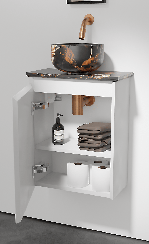 Balmani Mitra meuble wc suspendu 42 x 21 cm blanc mat avec Facetta tablette et Bowl vaque à poser en marbre Portoro Gold