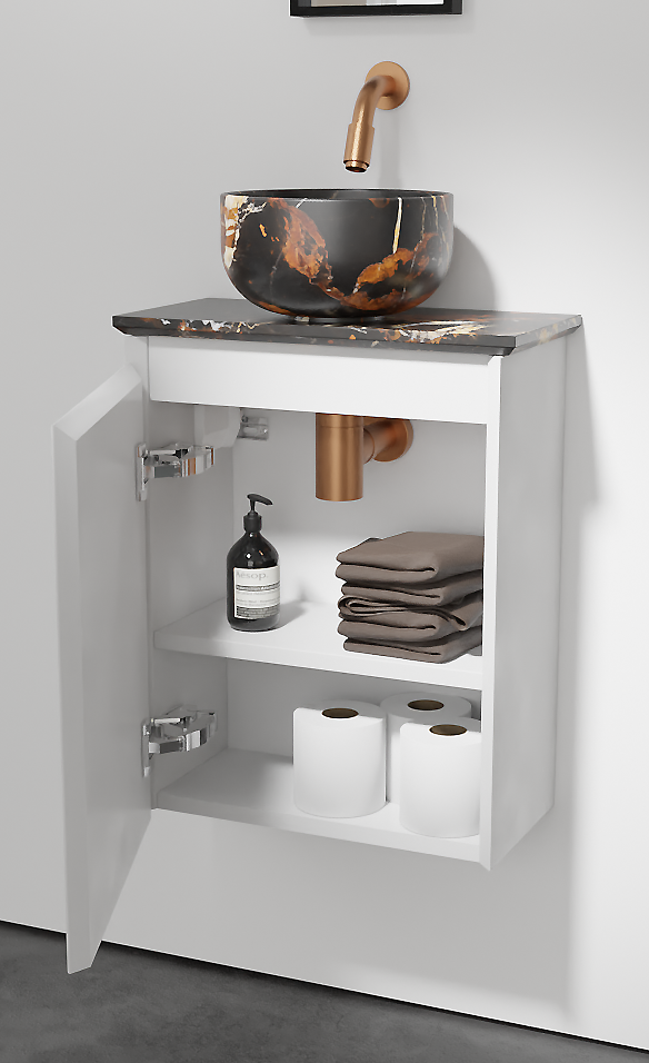 Balmani Mitra meuble wc suspendu 42 x 21 cm blanc mat avec Facetta tablette et Bowl vaque à poser en marbre Portoro Gold