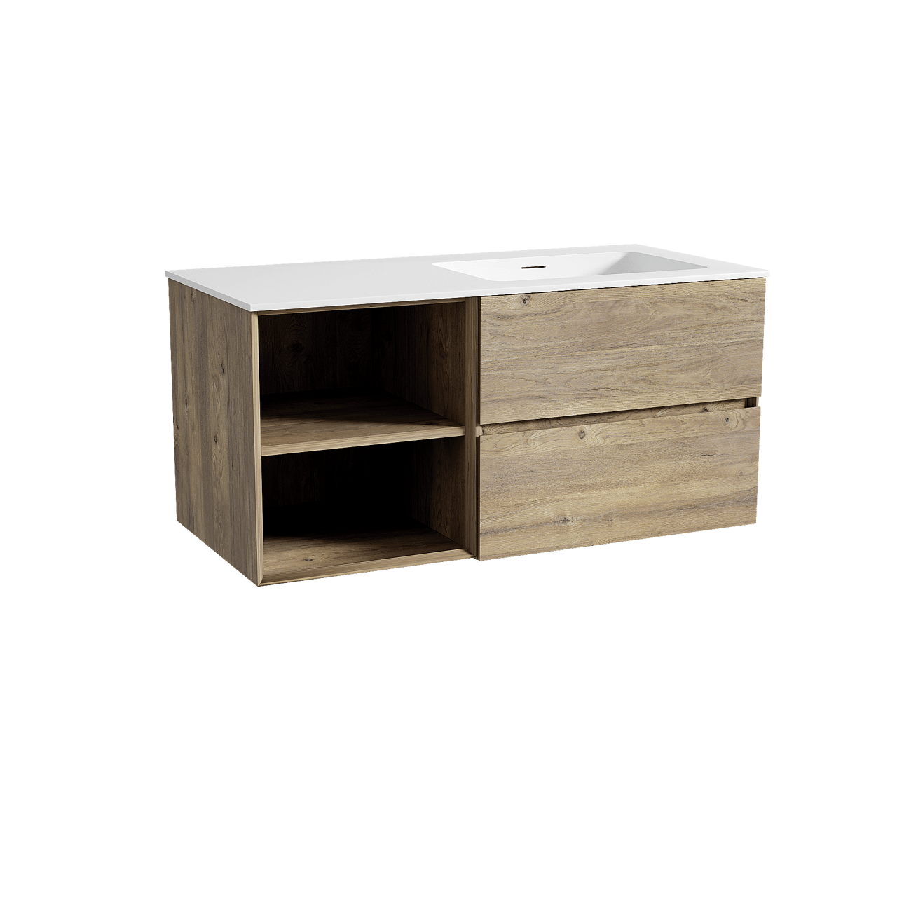 Storke Edge meuble salle de bains suspendu 110 x 52 cm chêne brut avec Mata plan vasque asymétrique à droite en solid surface blanc mat