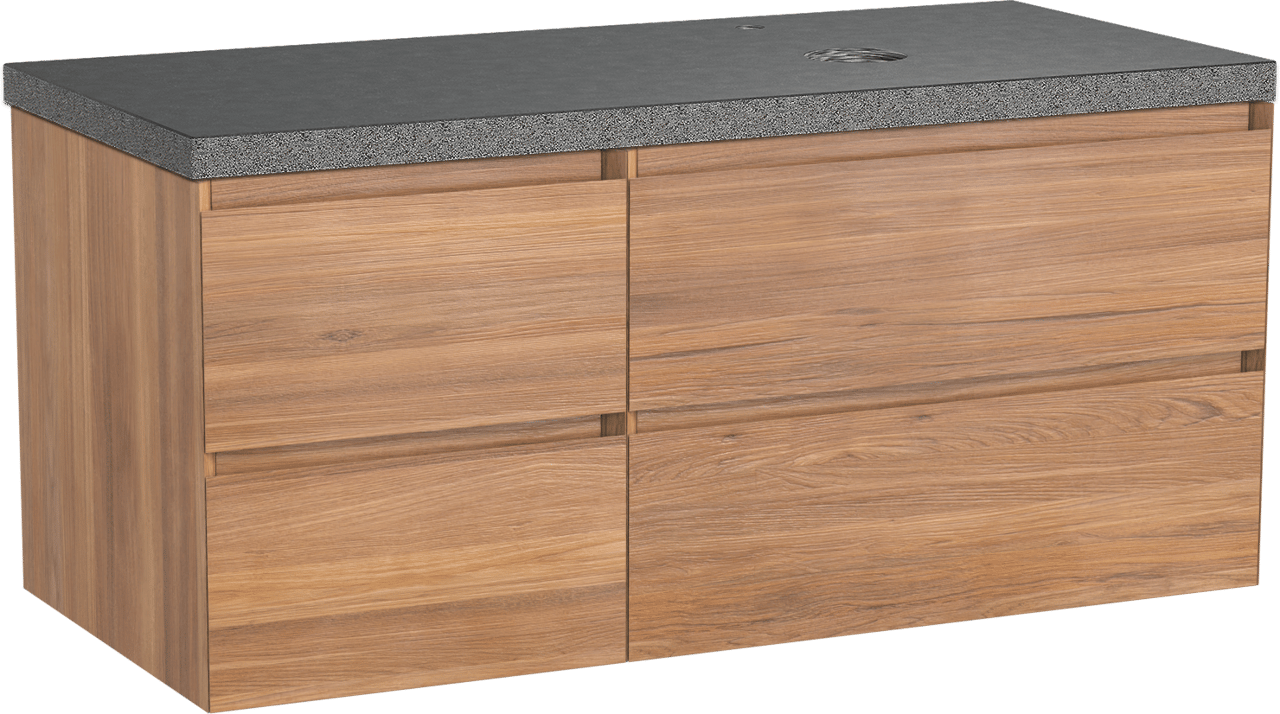 Balmani Mitra hängendes Möbelstück Set: 120 x 55 cm, Teak, mit Rock Waschtisch rechts, Schwarzes Granit