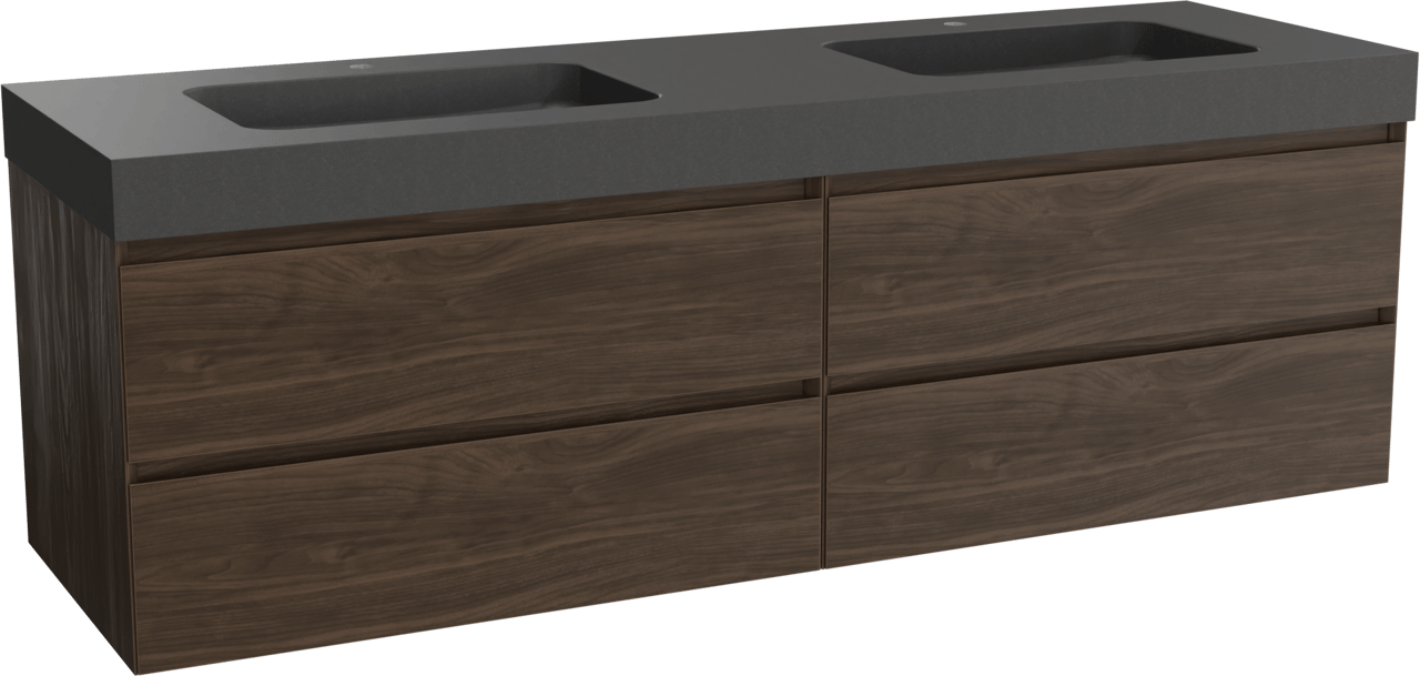 Balmani Mitra hängendes Möbelstück Set: 180 x 55 cm, Amerikanischer Nussbaum, mit Napoli Doppelwaschtisch, Schwarzes Granit