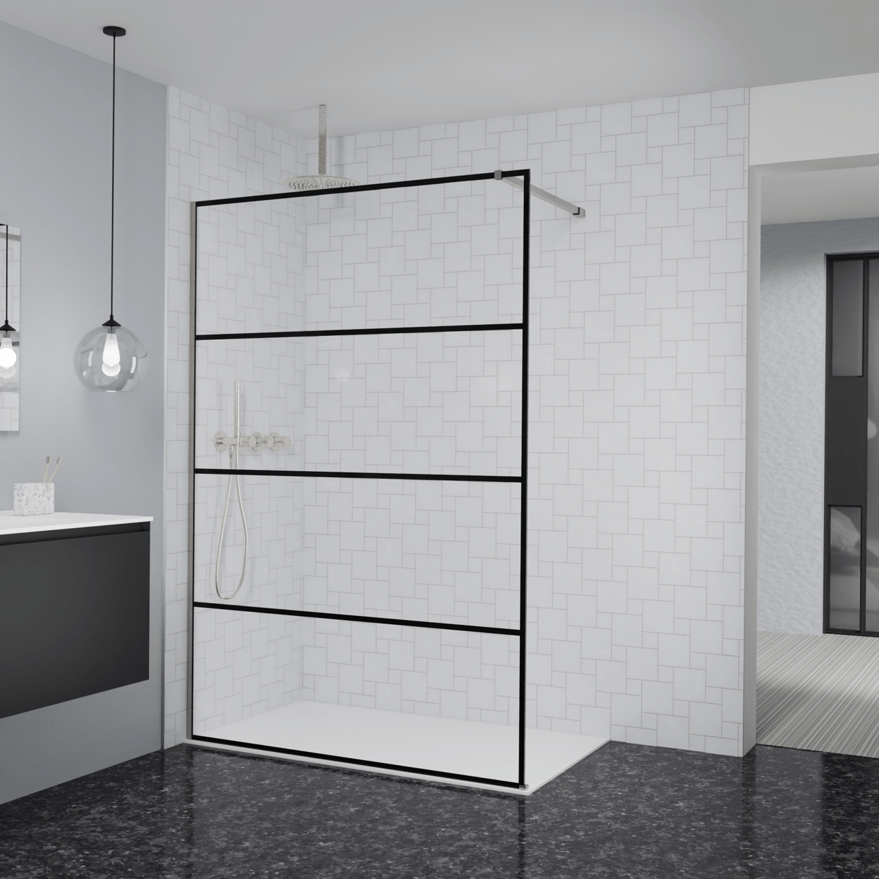 Balmani Modular douche à l'italienne: 140 x 200 cm, Lined, avec coating, Profil Brushed CoolMetal