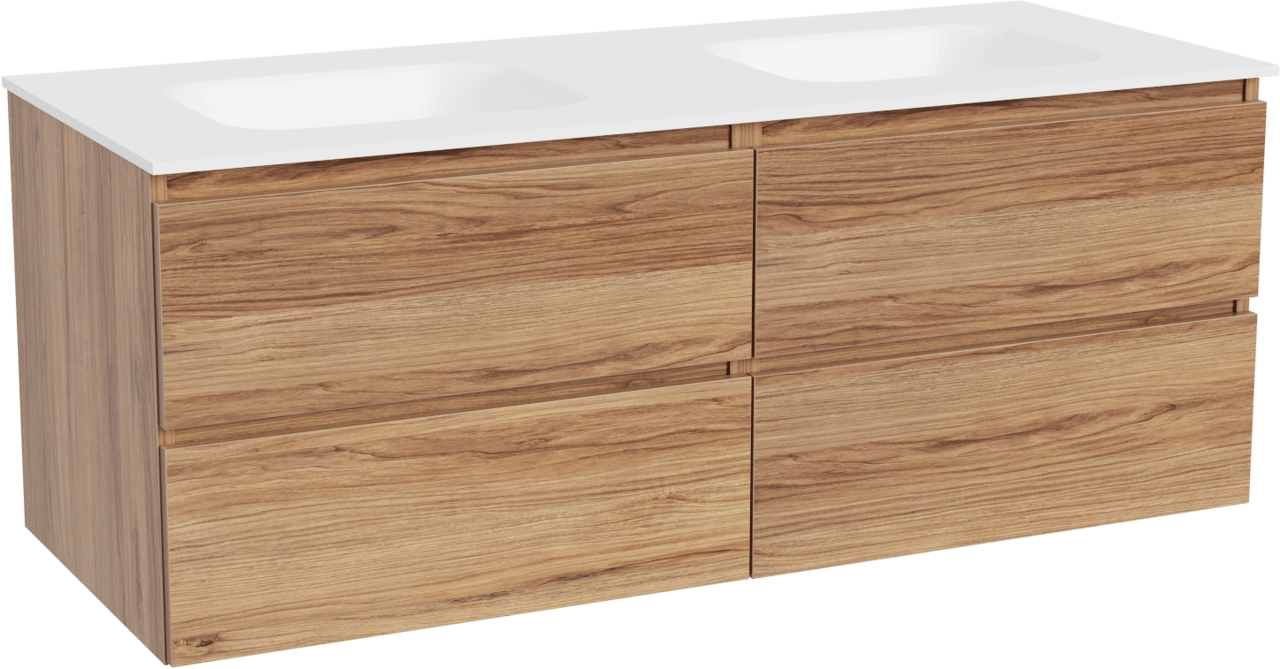 Balmani Lucida meuble salle de bains suspendu 135 x 55 cm teck avec Tablo Arcato double vasque en solid surface blanc mat