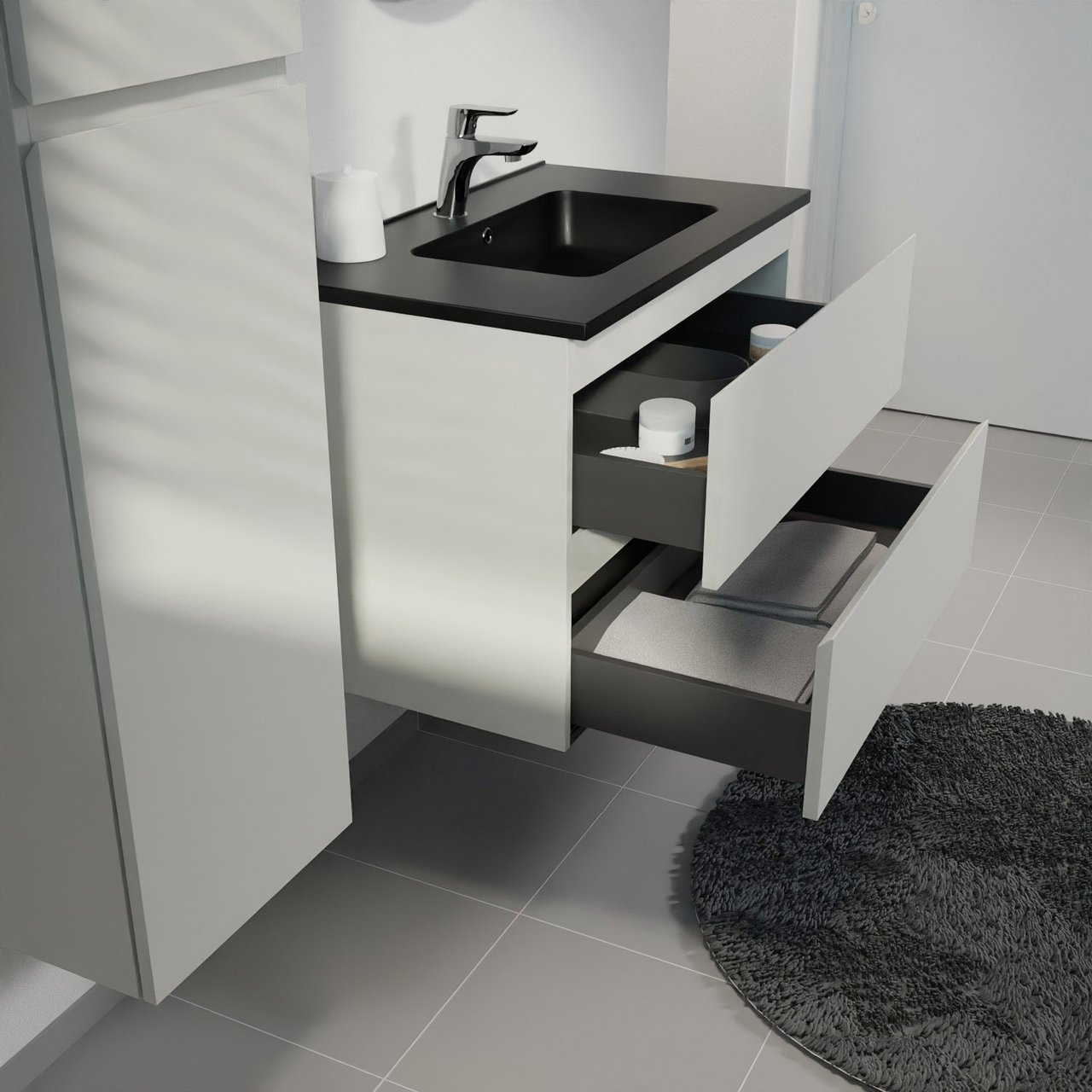 Linie Lado zwevend badmeubel 80 x 46 cm greige met Vano enkele wastafel in composietmarmer mat zwart