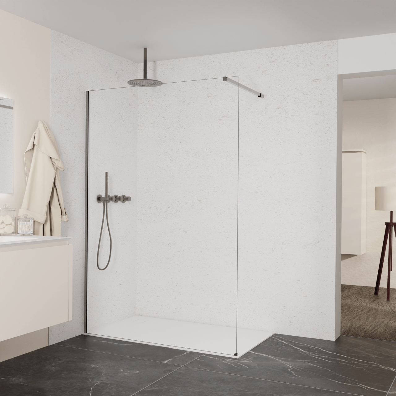 Balmani Modular Walk-In Dusche: 140 x 200 cm, Extra Klarglas, inklusive Coating, Profil Brushed GunMetal