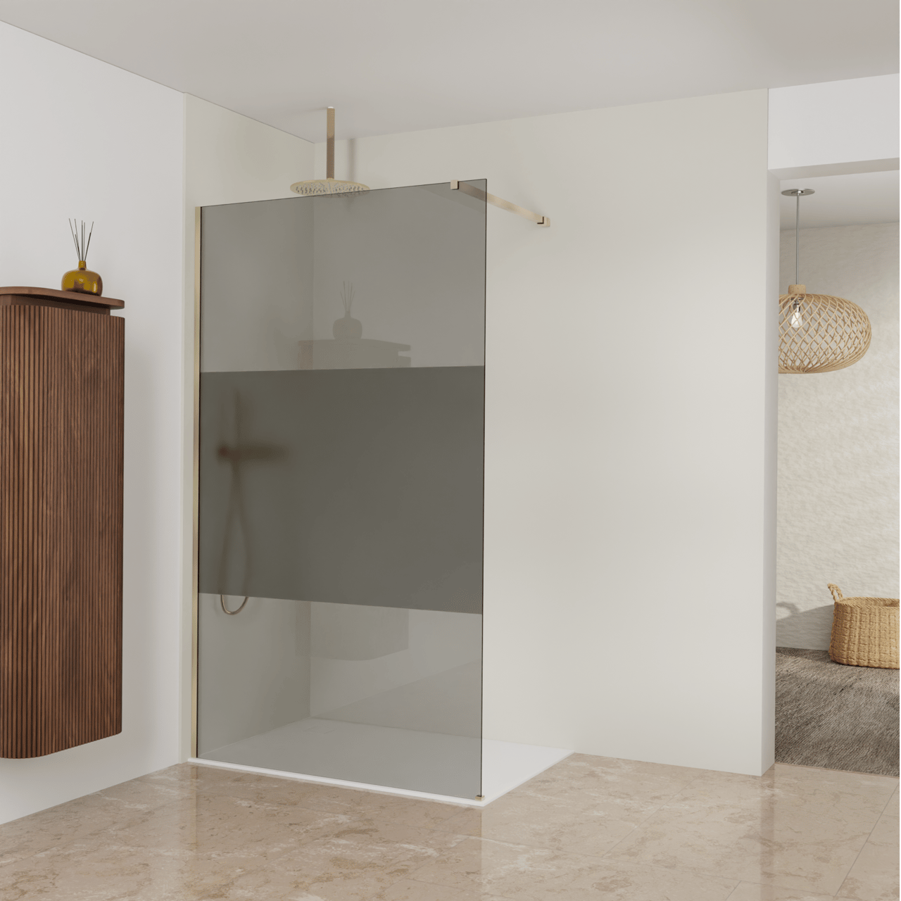 Balmani Modular douche à l'italienne: 120 x 200 cm, Verre fumé avec bande matte, Profil Brushed Champagne Gold