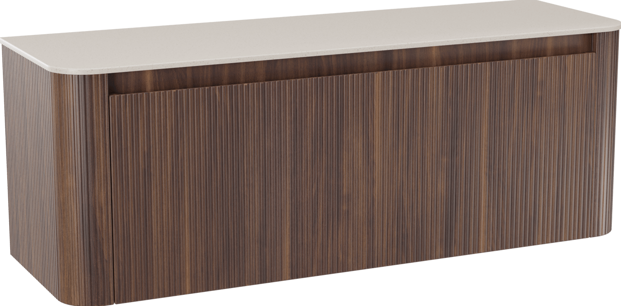 Storke Soft zwevend badkamermeubel 140 x 46 cm notelaar met Tavola Soft enkele of dubbele tablet in solid surface beige granita, Verticale symmetrische rechte ribbel