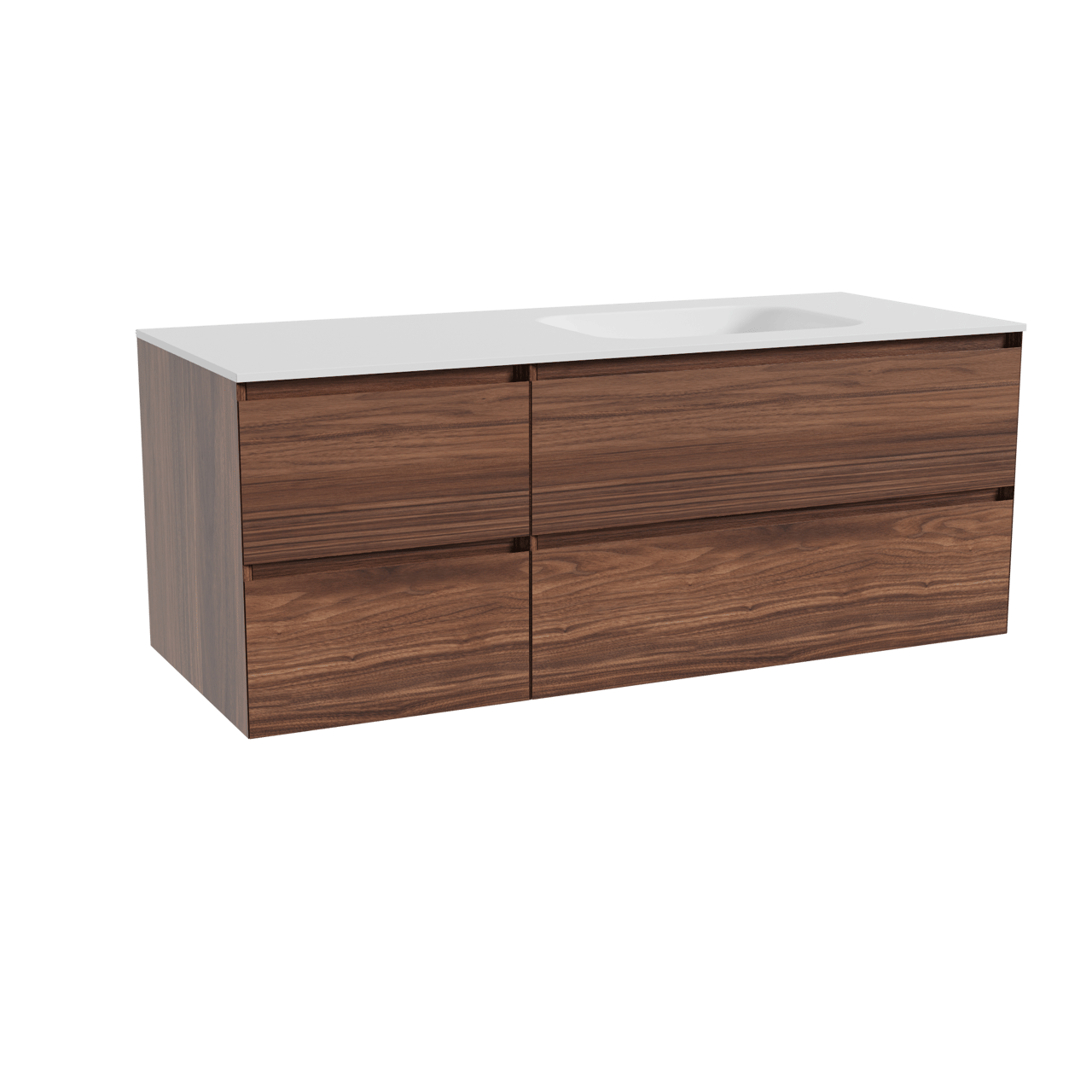 Balmani Mitra zwevend badmeubel 135 x 55 cm notenhout met Tablo Arcato asymmetrisch rechtse wastafel in solid surface mat wit