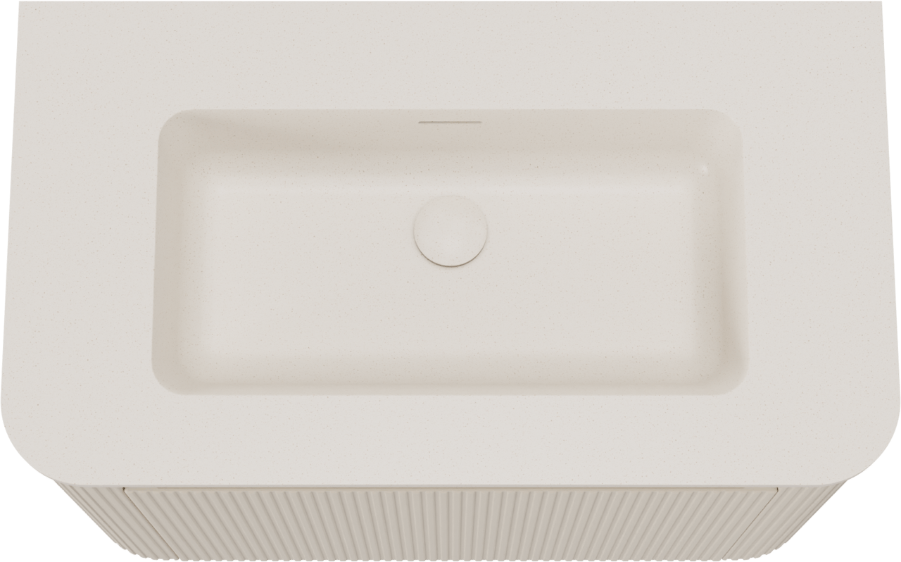 Storke Soft hängendes Möbelstück Set: 80 x 46 cm, Sand Matt, mit Mata Soft Einzelwaschtisch Solid Surface Beige Granit, Vertikale symmetrische gerade Rippe