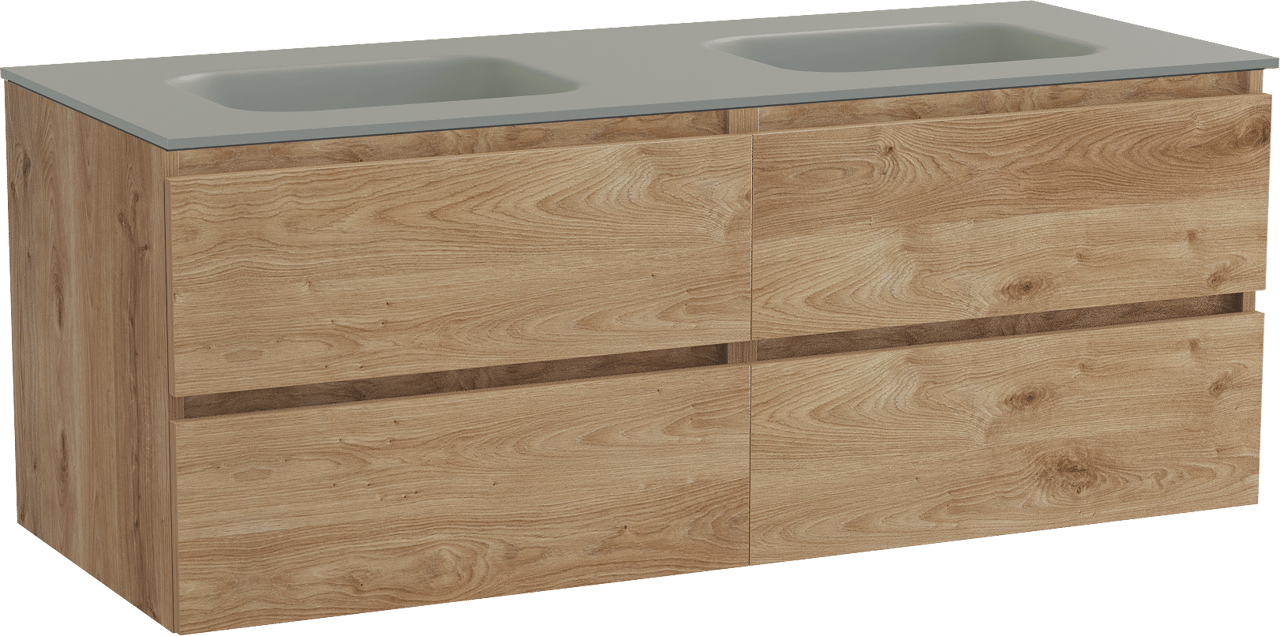 Balmani Lucida zwevend badkamermeubel 135 x 55 cm ruwe eik met Tablo Arcato dubbele wastafel in solid surface steengrijs