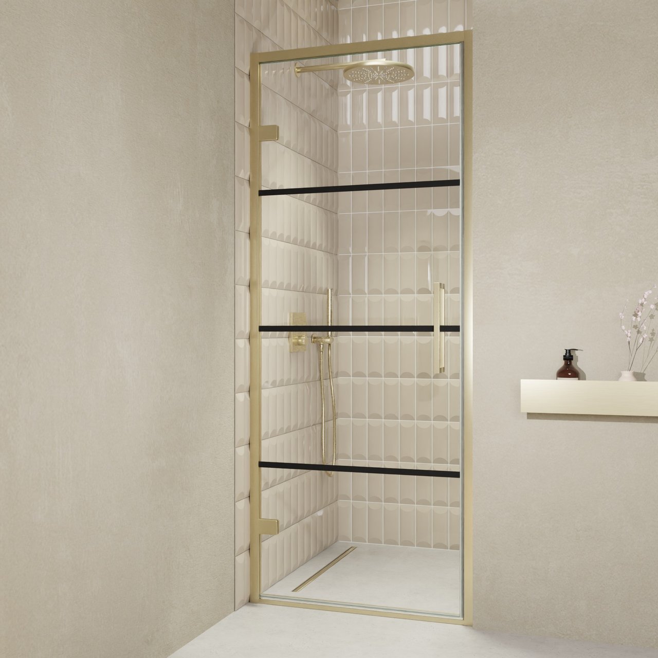 Balmani Senses Design douche draaideur links 90 cm x 210 cm Lined glas, Brushed Champagne Gold profielen, met coating