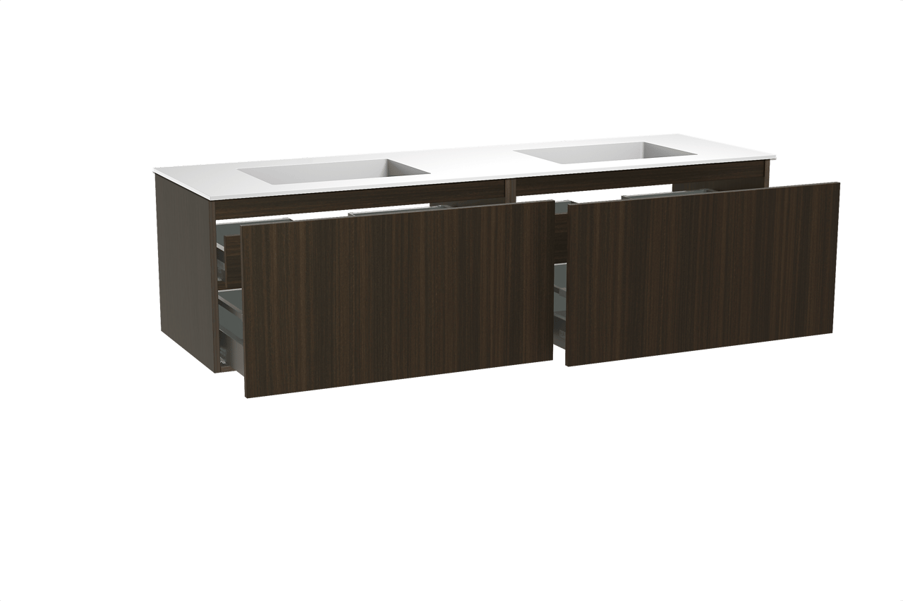 Balmani Sfera meuble salle de bains suspendu 180 x 55 cm eucalyptus avec Tablo Stretto double vasque en solid surface blanc mat