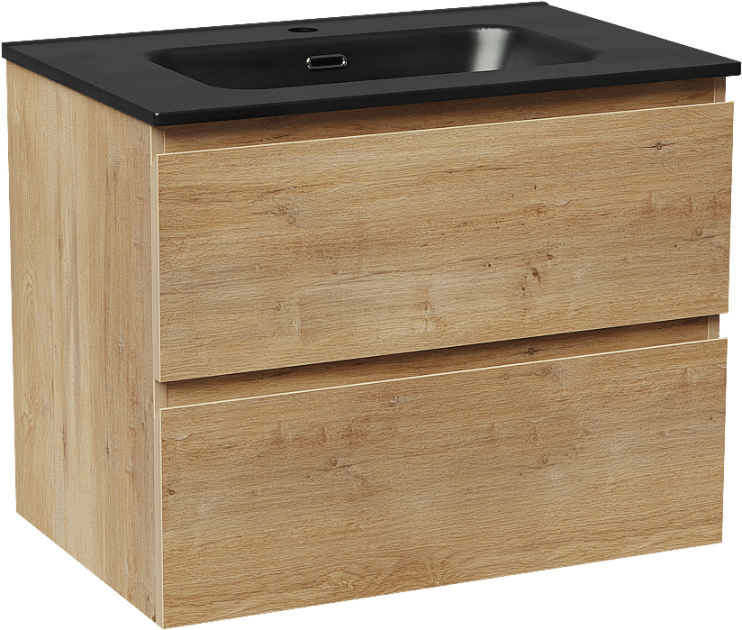 Linie Lado hängendes Möbelstück Set: 70 x 46 cm, Naturbelassene Eiche, mit Baro Einzelwaschtisch, Porzellan Schwarz matt