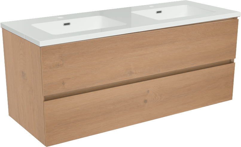 Storke Edge meuble salle de bains suspendu 120 x 46 cm chêne brut avec Diva double vasque en marbre composite blanc brillant