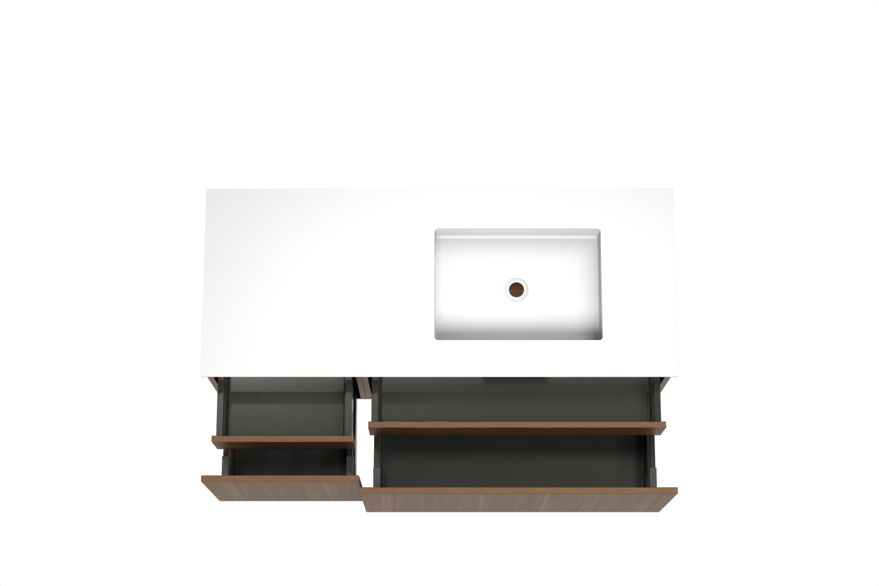 Balmani Sfera meuble salle de bains suspendu 135 x 55 cm noyer américain avec Tablo Stretto plan vasque asymétrique à droite en solid surface blanc mat