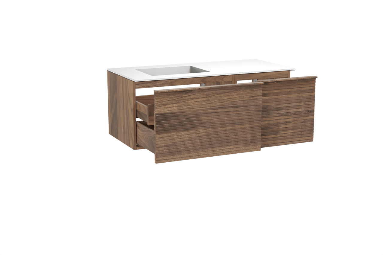 Balmani Forma hängendes Möbelstück Set: 120 x 55 cm, Amerikanischer Nussbaum, mit Tablo Stretto Waschtisch links, Solid Surface, Weiß matt, Horizontale symmetrische gerade Rippe