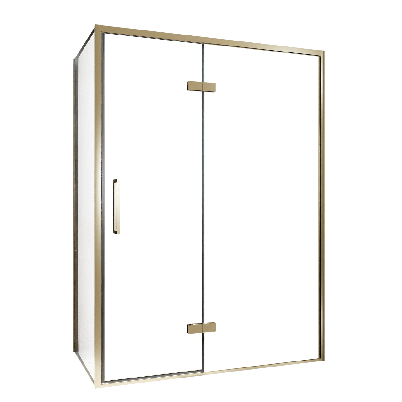 Balmani Senses Design douche en coin avec porte pivotante à droite et paroi latérale fixe, 140 x 100 cm, Verre transparent, Profil Brushed Champagne Gold, coating inclus, coating inclus