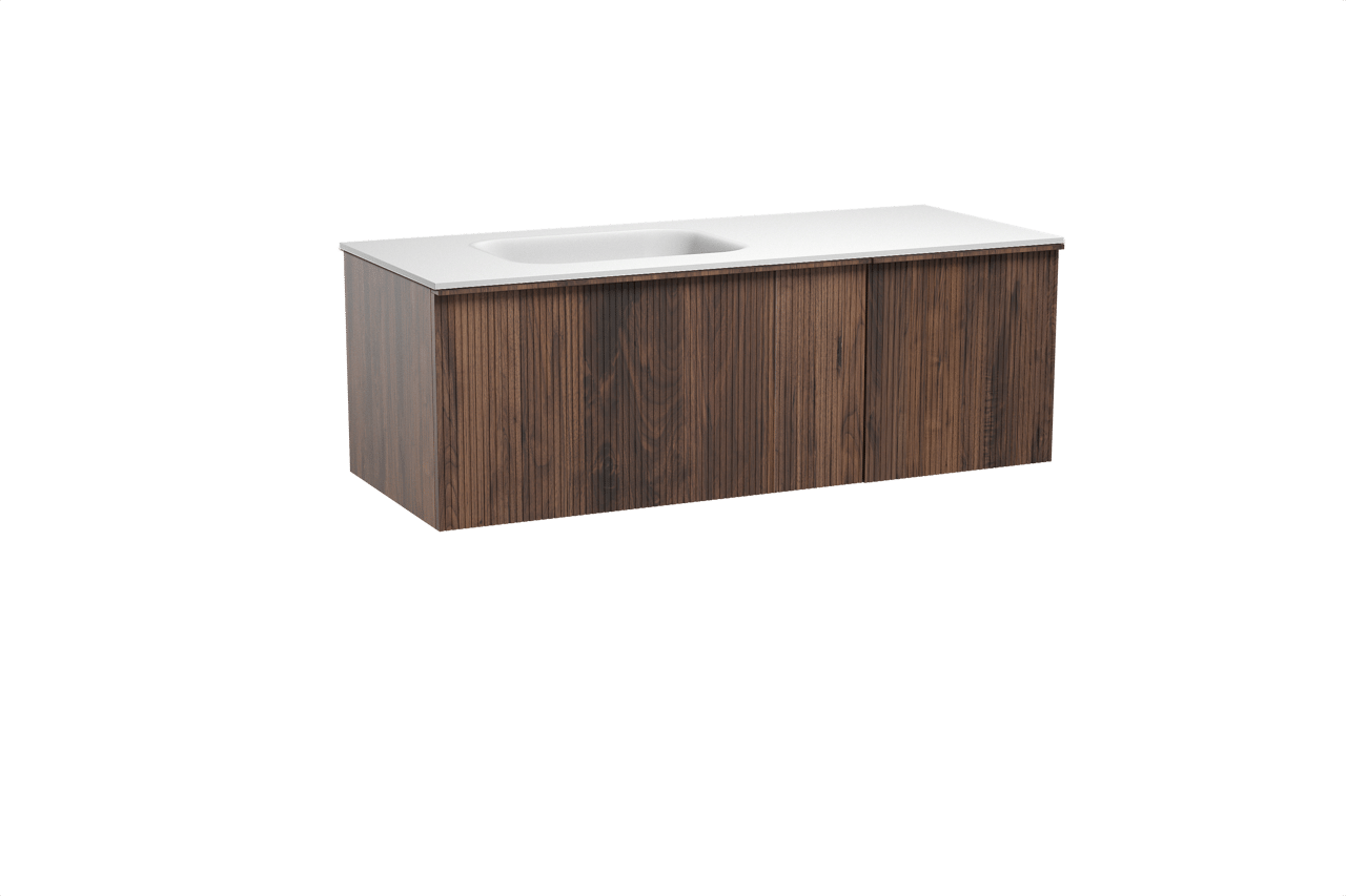 Balmani Forma hängendes Möbelstück Set: 135 x 55 cm, Amerikanischer Nussbaum, mit Tablo Arcato Waschtisch links, Solid Surface, Weiß matt, Vertikale symmetrische gerade Rippe