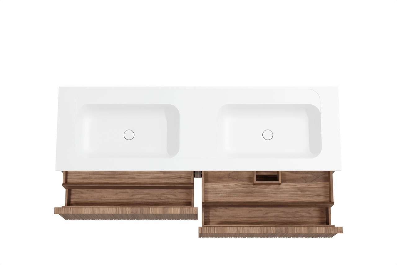 Balmani Forma meuble salle de bains suspendu 180 x 55 cm noyer américain avec Tablo Strada double vasque en marbre composite blanc mat, Nervure circulaire asymétrique verticale