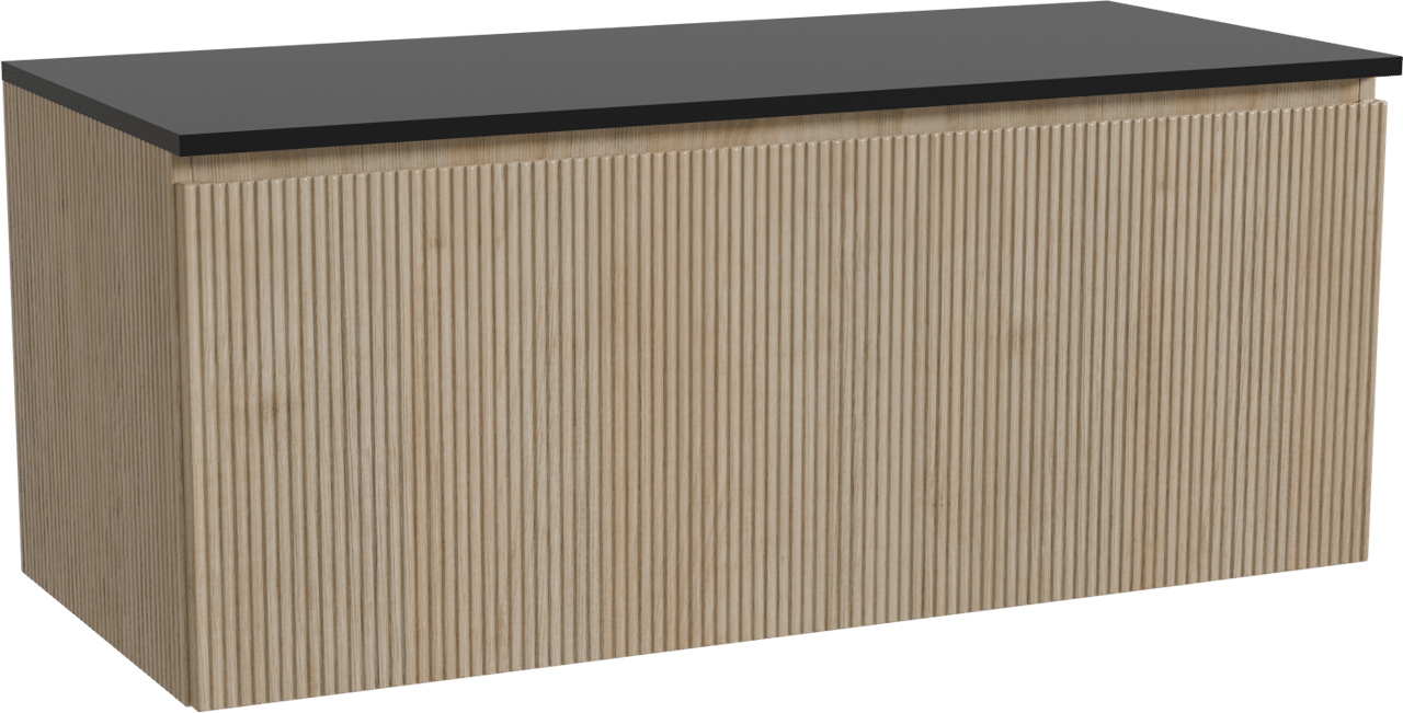 Storke Ribs zwevend badmeubel 120 x 52 cm ruw eiken met Panton enkel of dubbel wastafelblad in gepoedercoate mdf mat zwart, Verticale symmetrische rechte ribbel