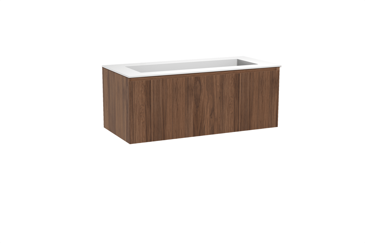 Balmani Fila hängendes Möbelstück Set: 120 x 55 cm, Nussbaum, mit Tablo Stretto Einzelwaschtisch für 2 Armaturenlöcher, Solid Surface, Weiß matt, Vertikale symmetrische gerade Rippe