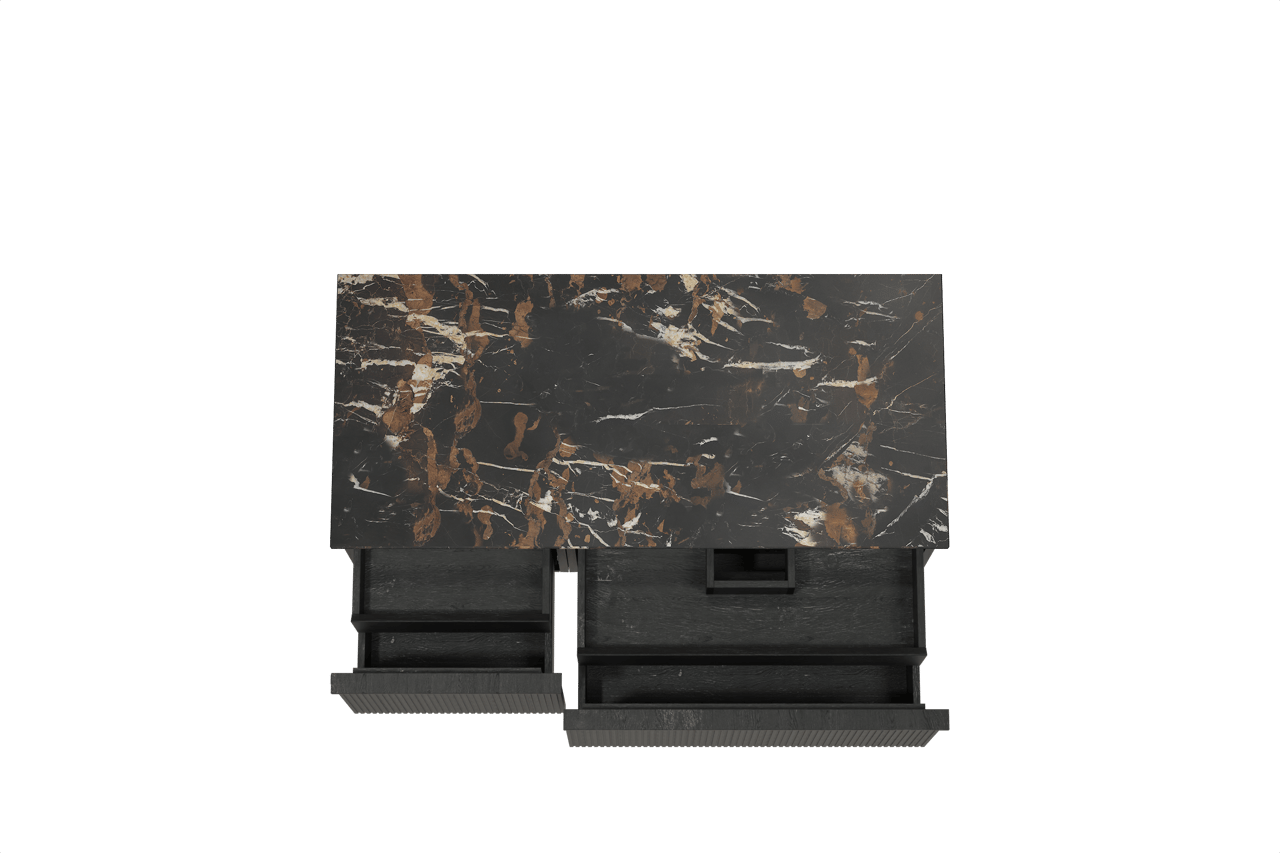 Balmani Forma hängendes Möbelstück Set: 120 x 55 cm, Schwarze Eiche, mit Stretto Einzel Waschtischplatte, Marmor, Portoro Gold, Vertikale symmetrische gerade Rippe