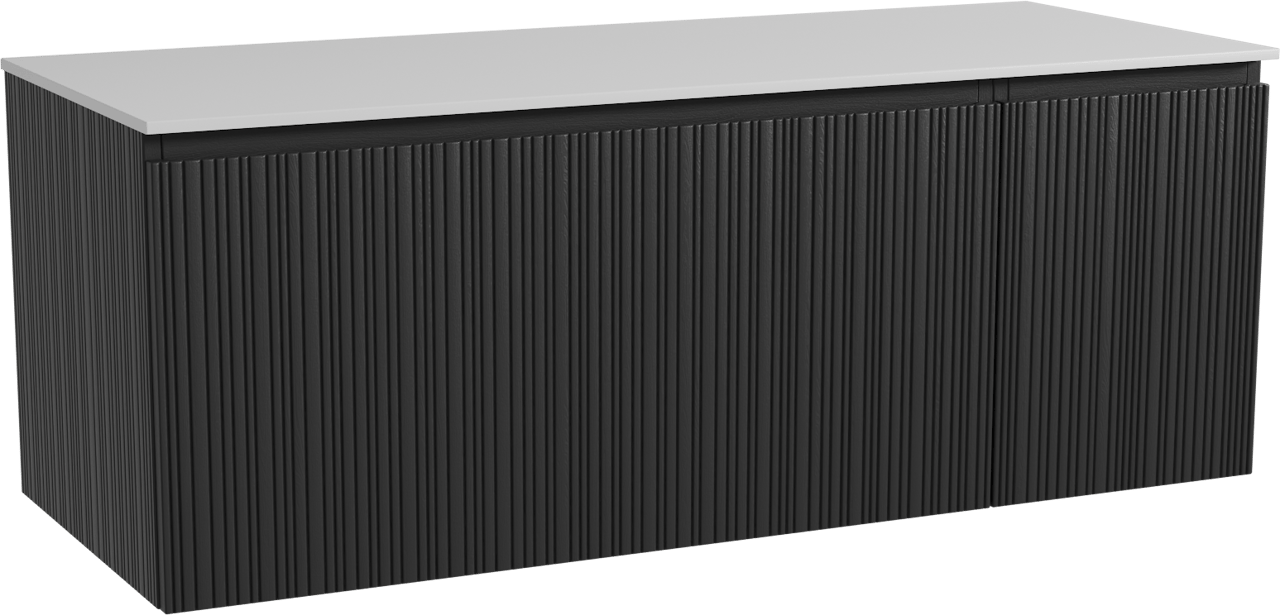 Storke Ribs zwevend badmeubel 130 x 52 cm zwart eiken met Tavola enkel of dubbel wastafelblad in solid surface mat wit, Verticale asymmetrische rechte ribbel