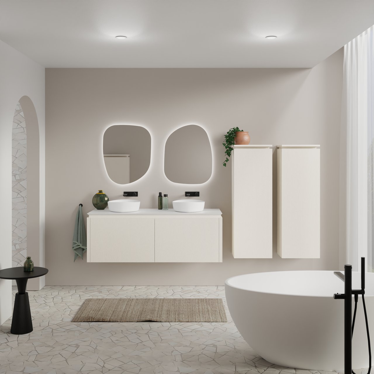 Balmani Eclips meuble salle de bains suspendu 150 x 55 cm Sandbeige avec Eclips tablette simple ou double vasque en Solid Surface blanc mat, Nervure droite symétrique verticale