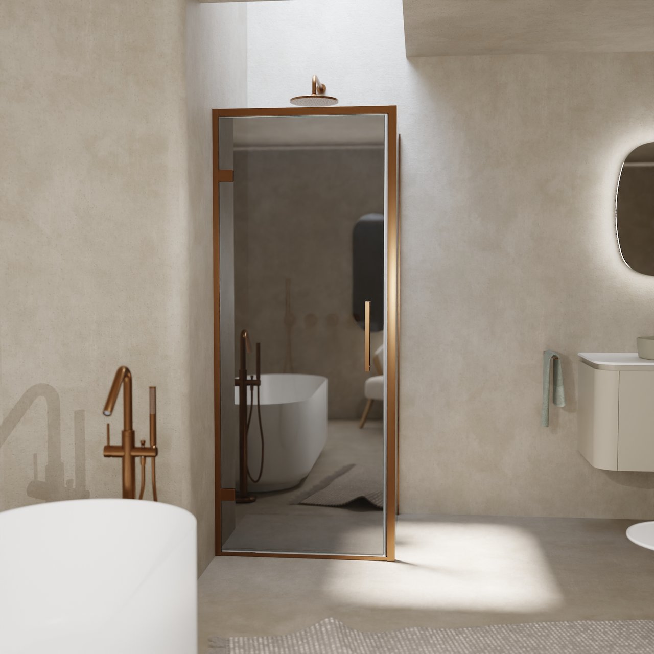 Balmani Senses Design douche en coin avec porte pivotante à gauche et paroi latérale fixe, 90 x 100 cm, Miroir Reflex, Profil Brushed Rosegold