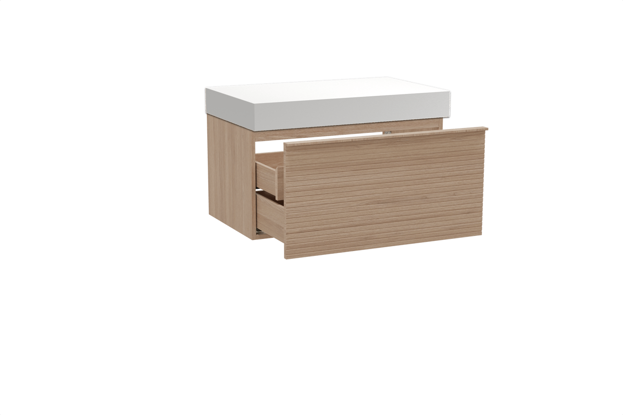 Balmani Forma hängendes Möbelstück Set: 90 x 55 cm, Naturbelassene Eiche, mit Dominus Einzel Waschtischplatte, Solid Surface, Weiß matt, Horizontale symmetrische gerade Rippe