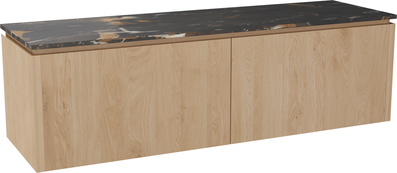 Balmani Eclips zwevend badkamermeubel 180 x 55 cm Natuur eik met Stretto enkel of dubbel tablet in Portoro Gold marmer