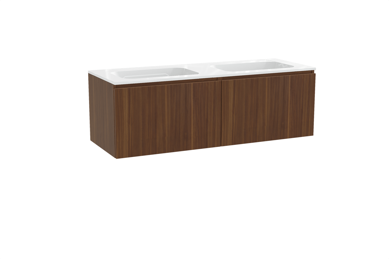 Balmani Sfera hängendes Möbelstück Set: 150 x 55 cm, Amerikanischer Nussbaum, mit Tablo Strada Doppelwaschtisch, Marmorkomposit Weiß glänzend