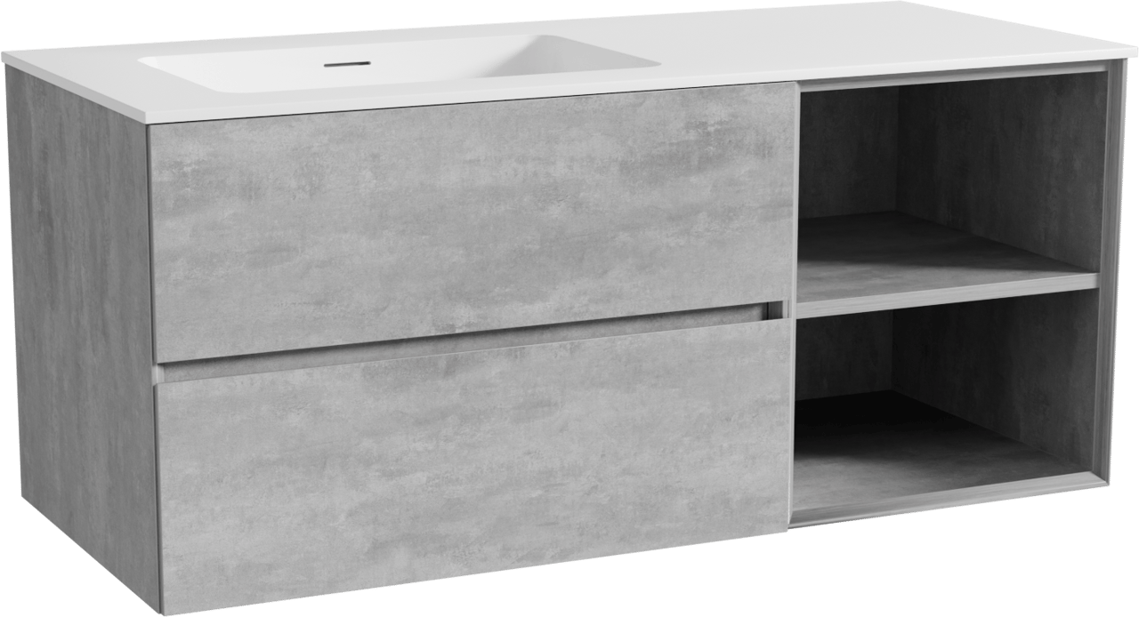 Storke Edge meuble salle de bains suspendu 120 x 52 cm béton gris foncé avec Mata plan vasque asymétrique à gauche en solid surface blanc mat