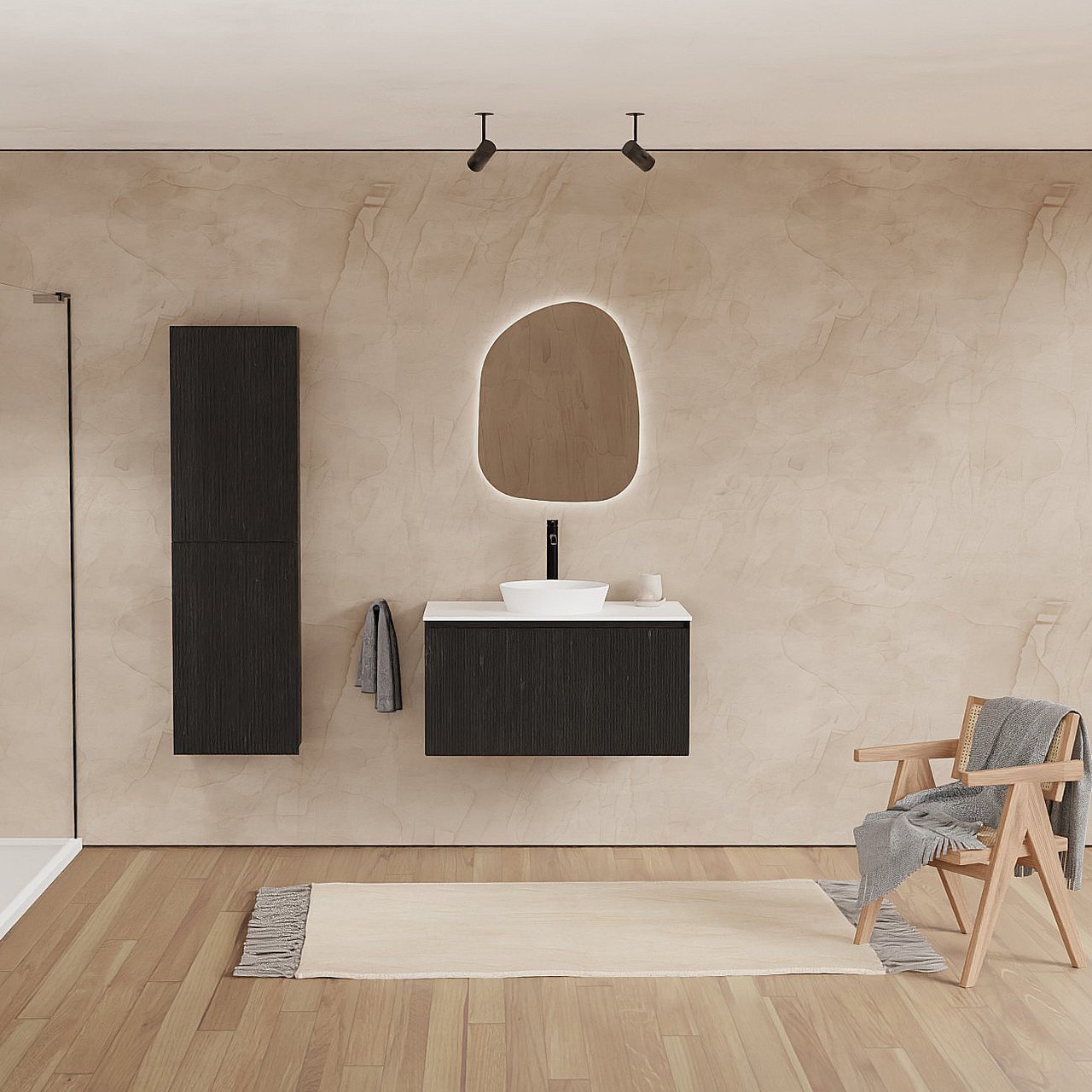 Balmani Fila by Mitra hängendes Möbelstück Set: 90 x 55 cm, Schwarze Eiche, mit Stretto Einzel Waschtischplatte, Solid Surface, Weiß matt, Vertikale symmetrische gerade Rippe