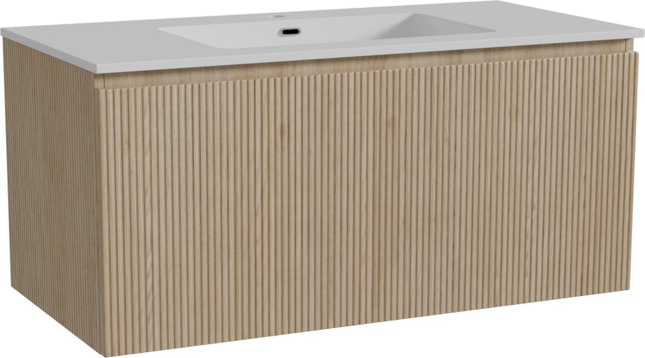Storke Ribs zwevend badmeubel 105 x 52 cm ruw eiken met Diva enkele wastafel in composietmarmer hoogglans wit, Verticale symmetrische rechte ribbel