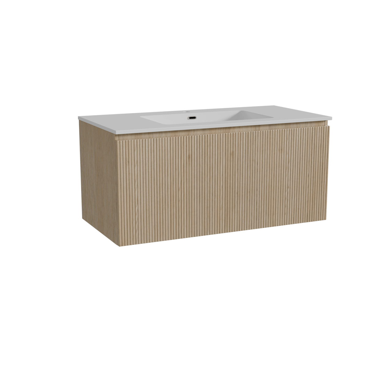 Storke Ribs meuble salle de bains suspendu 105 x 52 cm chêne brut avec Diva plan simple en marbre composite blanc brillant, Nervure droite symétrique verticale