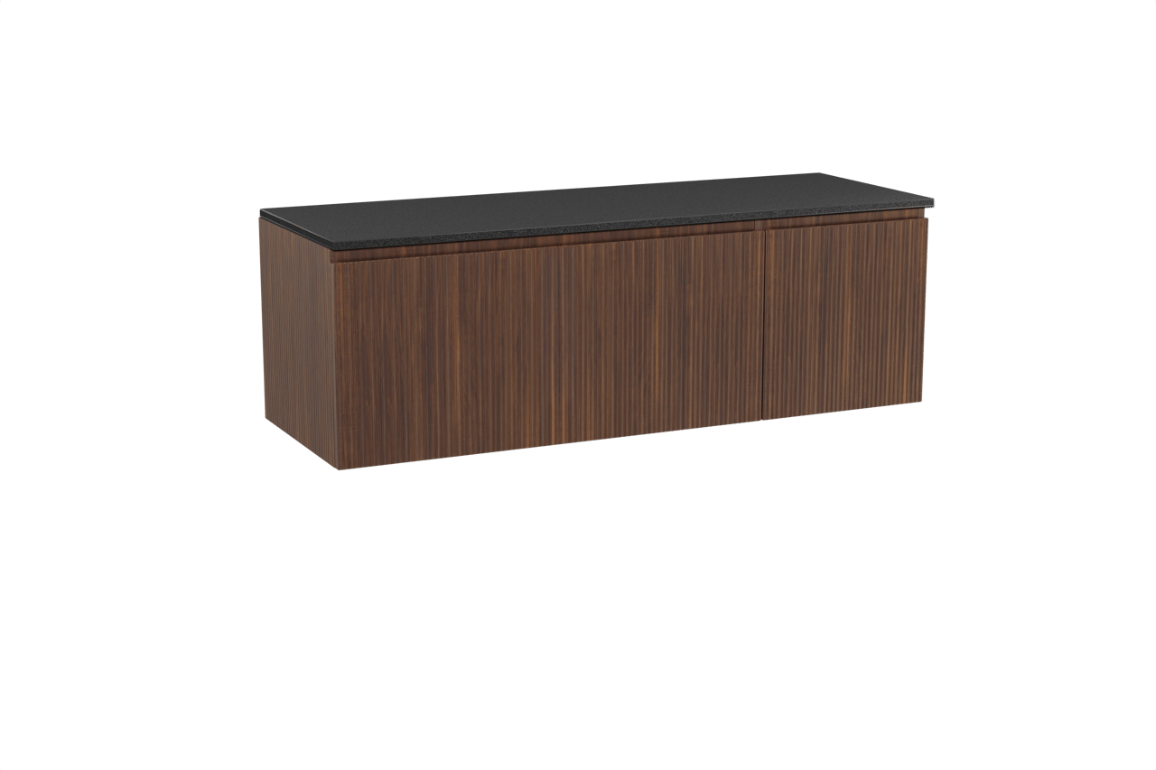 Storke Ribs zwevend badmeubel 150 x 52 cm notenhout met Panton enkel of dubbel wastafelblad in gepoedercoate mdf mat zwart, Verticale symmetrische rechte ribbel