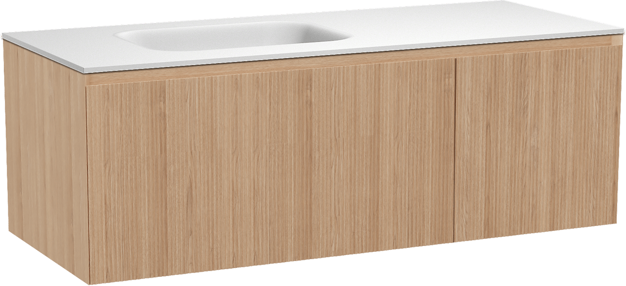 Balmani Fila hängendes Möbelstück Set: 135 x 55 cm, Naturbelassene Eiche, mit Tablo Arcato Waschtisch links, Solid Surface, Weiß matt, Vertikale symmetrische gerade Rippe