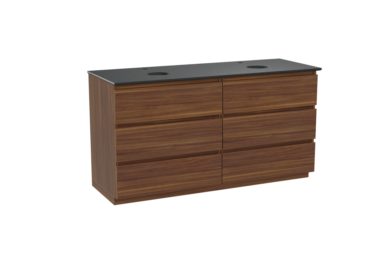 Balmani Lucida staand badkamermeubel 150 x 55 cm amerikaanse notelaar met Facetta dubbel tablet in graniet zwart