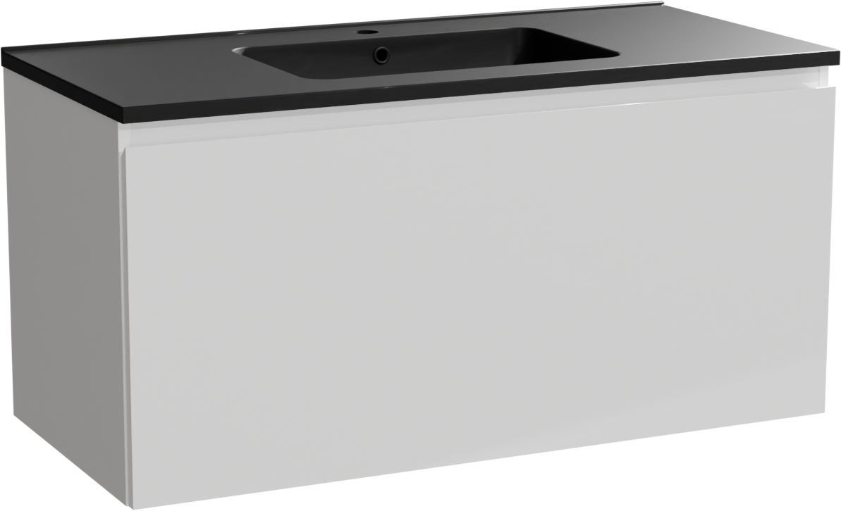 Linie Lado hängendes Möbelstück Set: 100 x 46 cm, Weiß glänzend, mit Vano Einzelwaschtisch, Marmorkomposit Schwarz matt