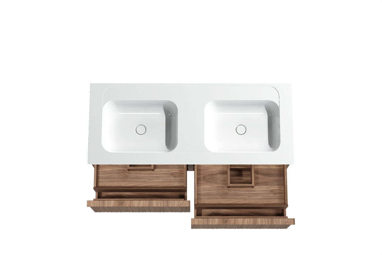 Balmani Forma meuble salle de bains suspendu 135 x 55 cm noyer américain avec Tablo Strada double vasque en marbre composite blanc brillant, Nervure circulaire asymétrique verticale