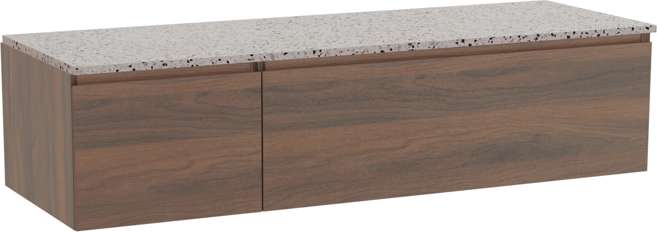 Storke Edge zwevend badkamermeubel 150 x 52 cm notelaar met Tavola enkel of dubbel tablet in mat wit/zwart terrazzo