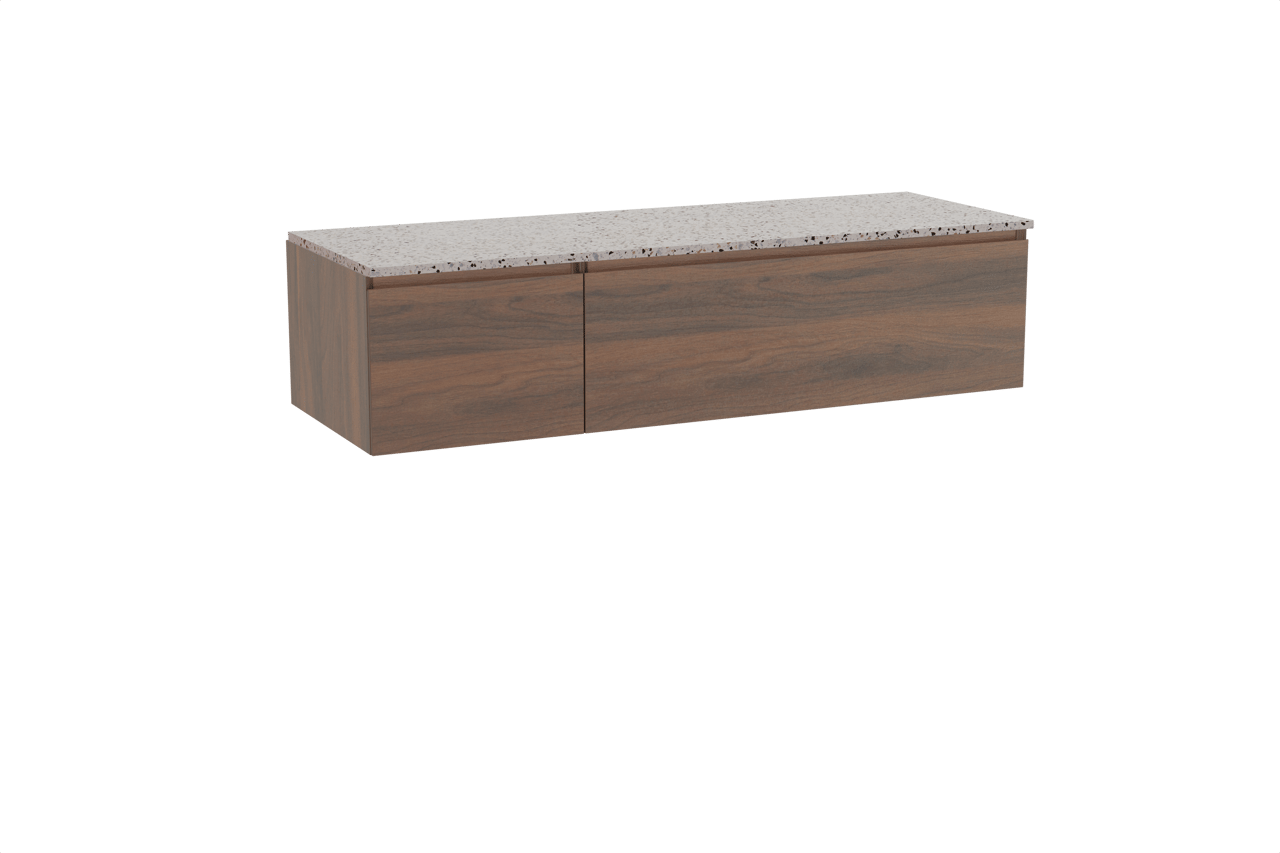 Storke Edge hängendes Möbelstück Set: 150 x 52 cm, Nussbaum, mit Tavola Einzel- oder Doppel Waschtischplatte, Terrazzo in Weiß/Schwarz matt