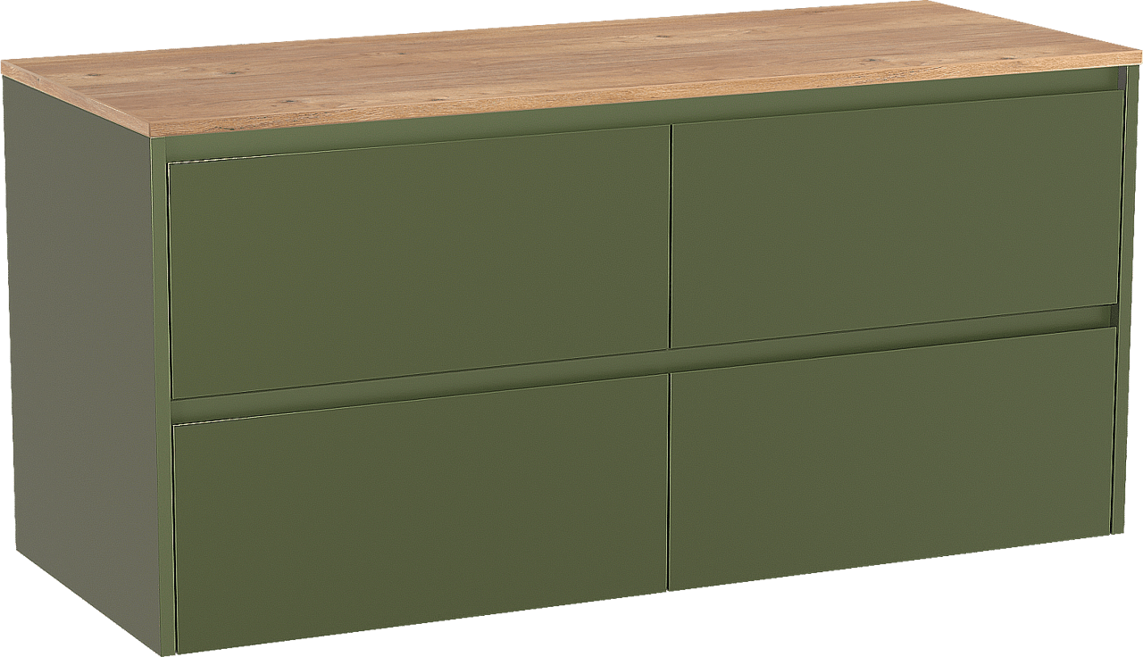 Storke Seda zwevend badmeubel 130 x 52 cm olijfgroen met Panton enkel of dubbel wastafelblad in melamine ruw eiken